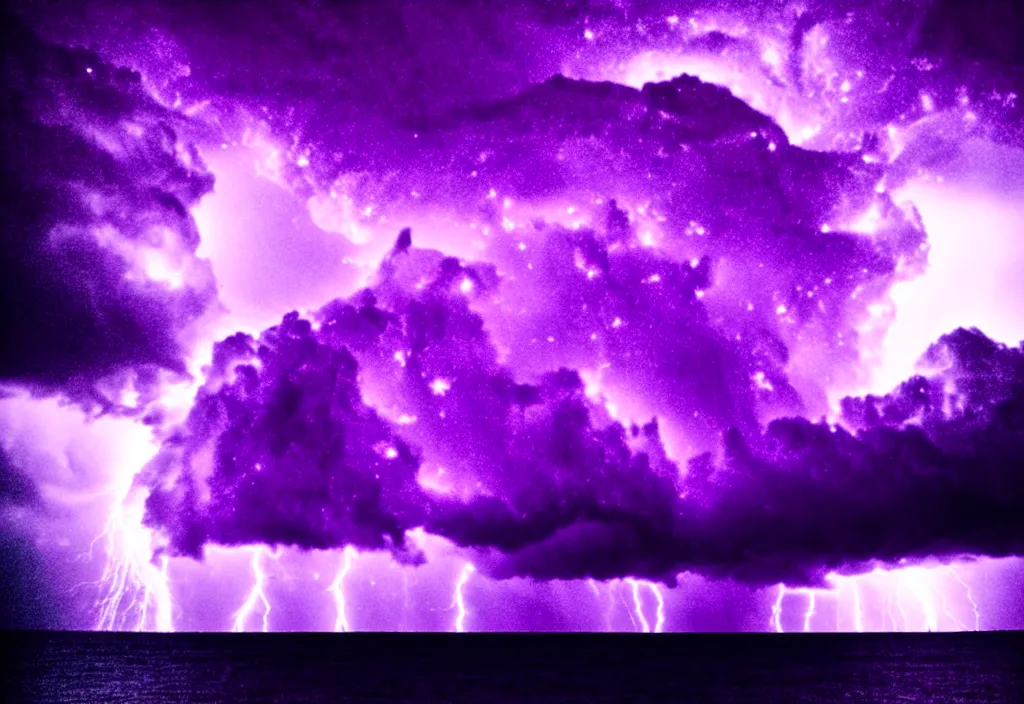 Image similar to purple color lighting storm with stormy sea, pirate ship firing its cannons trippy nebula sky with dramatic clouds 50mm shot fear and loathing movie