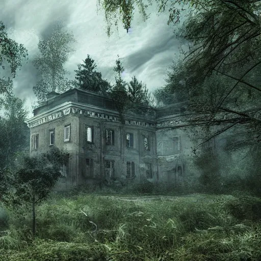 Prompt: Abounded Asylum in the middle of a dense forest, Dynamic lighting, Realism, Realistic,