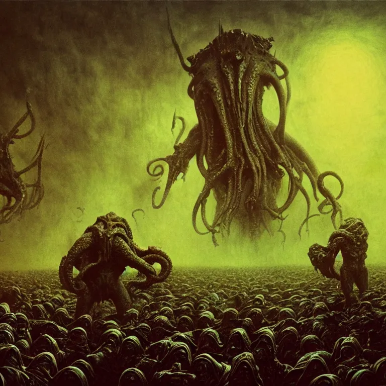 Image similar to a cinematic scene from the cthulhu fighting against the soldiers in nevada test side, lovecraft, concept art by beksinski and jean delville, dramatic lighting, ultra hd, hdr, 8 k