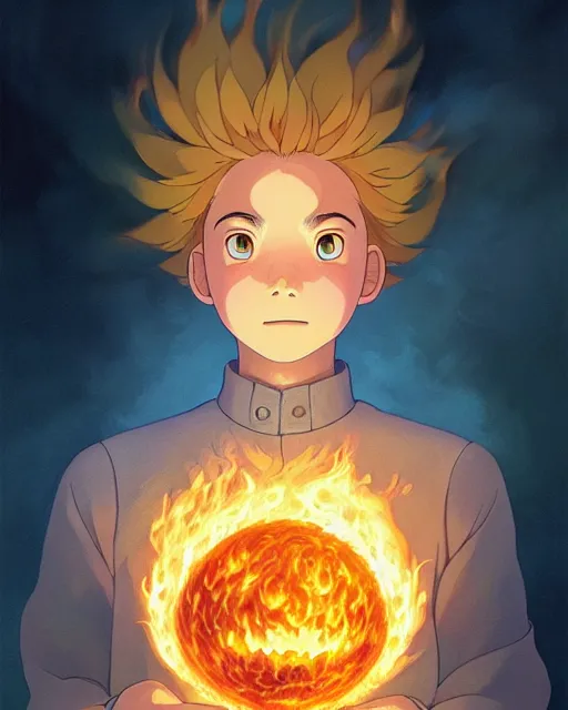 Image similar to portrait of calcifer from the movie howl's moving castle, studio ghibli, intricate, elegant, highly detailed, digital painting, artstation, concept art, smooth, sharp focus, illustration, art by artgerm and greg rutkowski and fra angelico and alphons mucha