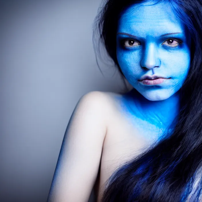 Prompt: photograph of a woman with blue skin!!!!!!!!!!. extremely detailed. dslr. 5 0 mm.