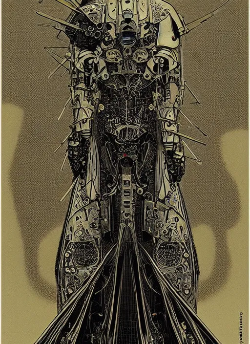 Image similar to 2 d illustration, grained risograph, vintage horror sci - fi portrait of a futuristic silver armored geisha district 9 cyborg, parallax, fractal, intricate, elegant, by jheronimus bosch and moebius, and szukalski