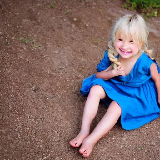 Image similar to a little peasant girl, blue dress, blond hair, bare feet, smiling