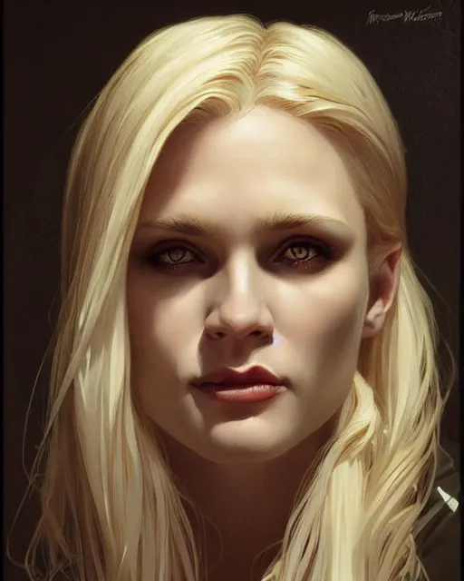 Image similar to portrait of a blonde vampire, dark, piercing eyes, gentle expression, elegant clothing, photorealistic, highly detailed, artstation, smooth, sharp focus, art by michael whelan, artgerm, greg rutkowski and alphonse mucha