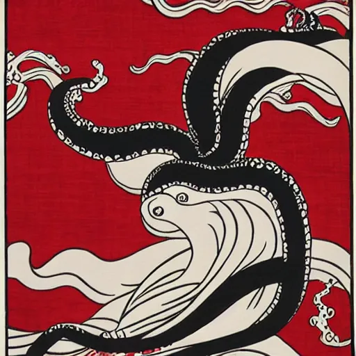 Prompt: a black and white octopus in a frothy red ocean, ukiyo-e