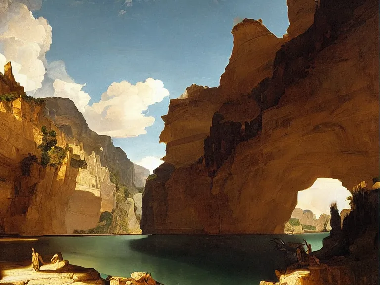 Image similar to an oil painting of a canyon made of ivory and smooth stone and a lake of black oil by carl spitzweg and tuomas korpi. baroque elements, full-length view. baroque element. intricate artwork by caravaggio. Trending on artstation. 8k
