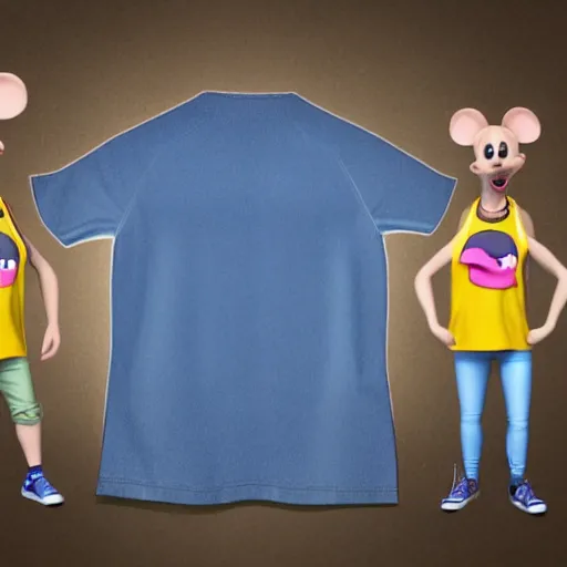 Image similar to 3 d render, portrait, upper body shot, mid shot, anthropomorphic mouse, female, wearing denim short shorts and a off yellow tank top shirt, in the style of robben hood