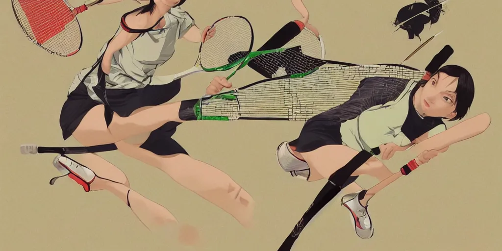 Image similar to illustration of a badminton, realistic body poses, badminton rackets, badminton birdies, by ilya kuvshinov katsuhiro otomo