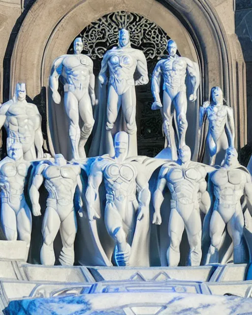 Image similar to a giant white marble sculpture depicting the Justice league, detailed, intricate Marble sculptures of Green Lantern, Flash, Superman, Batman, Wonder Woman, Aquaman and Martian Manhunter all carved out of one giant Block of Marble