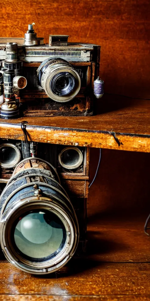 Prompt: A photo of a very old opened device with vacuum tubes, film, capacitors and coils inside, and a camera lens on the outside on an old wooden table by Annie Lebovitz, Laura Letinsky and Steve McCurry, grungy, weathered Ultra detailed, hyper realistic, 4k