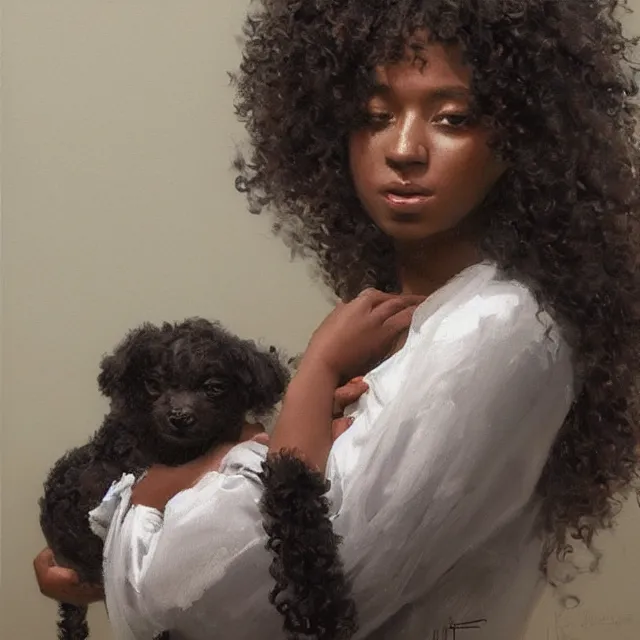 Image similar to 2 0 year old black woman with curly hair, with a small black puppy besides her, and a newborn baby in her arms, portrait, elegant, intricate, digital painting, artstation, concept art, smooth, sharp focus, illustration, art by konstantin korovin and daniel f. gerhartz and john howe