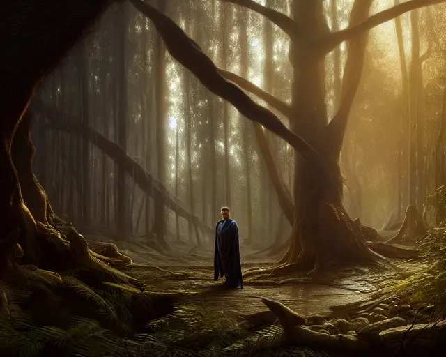 Image similar to photo of liam neeson as a djinn, in a forest. magical atmosphere. art by greg rutkowski. highly detailed 8 k. intricate. lifelike. soft light. nikon d 8 5 0.