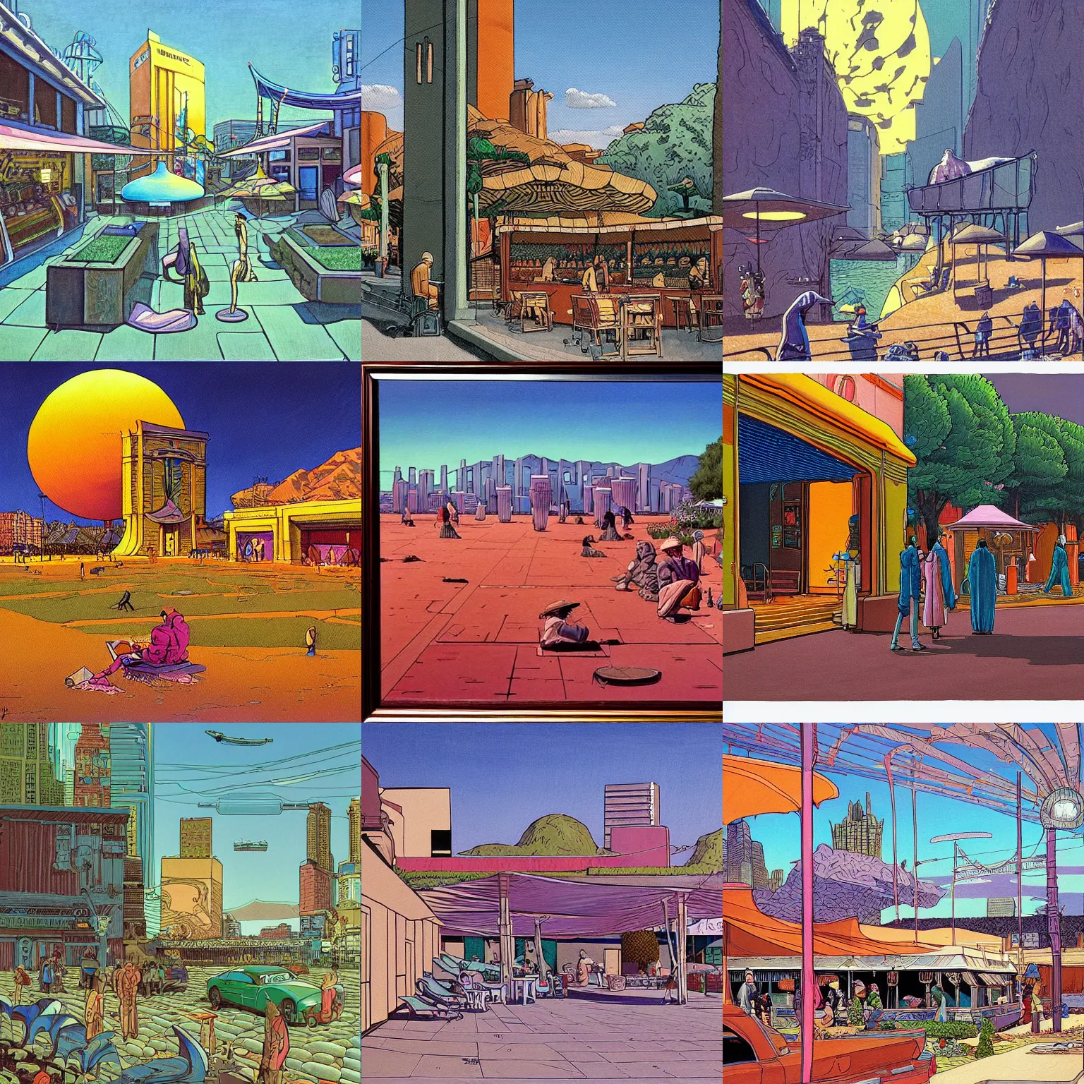 Prompt: a painting of an outdoor picninc in the iconic style of moebius