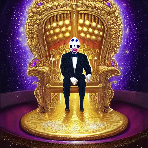 Prompt: shining giant throne made of millions of diamonds, gold and sapphires with thousands of light reflections, and a clown on a tuxedo suit is sitting on the throne while handing an earth model, dramatic light, digital painting, ultradetailed, artstation, oil painting