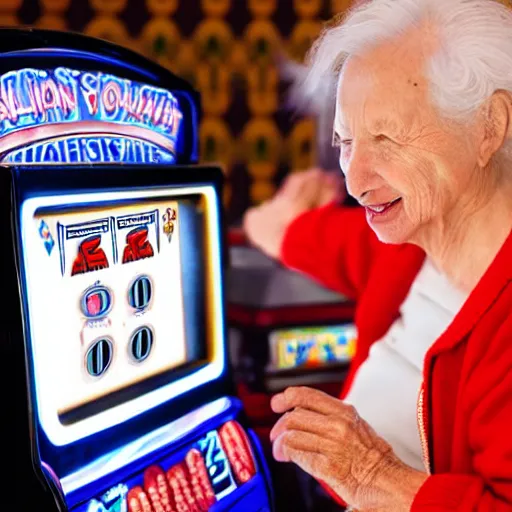 Image similar to an elderly person playing with a slot machine