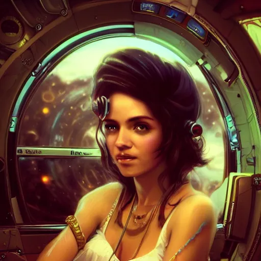 Prompt: anna carlos as a hot girl sitting in a steampunk spaceship, beautiful realistic upper body, beautiful face, gorgeous portrait, trending on artstation, by dan mumford, by wenjun lin, octane render