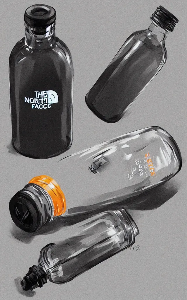 Prompt: the north face transparent bottle, round bottle, black top, filled with luminous wihite liquid, concept art, matte, sharp focus, illustration, art by aenaluck, artgerm, modern