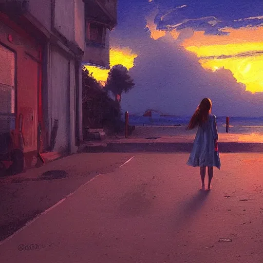 Prompt: a woman facing a blue portal on the street, which shows a beach at sunset, greg rutkowski