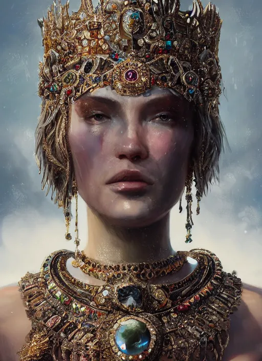 Image similar to A fancy portrait of a beautiful queen covered in jewelry by Greg Rutkowski, Sung Choi, Mitchell Mohrhauser, Maciej Kuciara, Johnson Ting, Maxim Verehin, Peter Konig, Bloodborne, 8k photorealistic, cinematic lighting, HD, high details, dramatic, atmospheric , trending on artstation