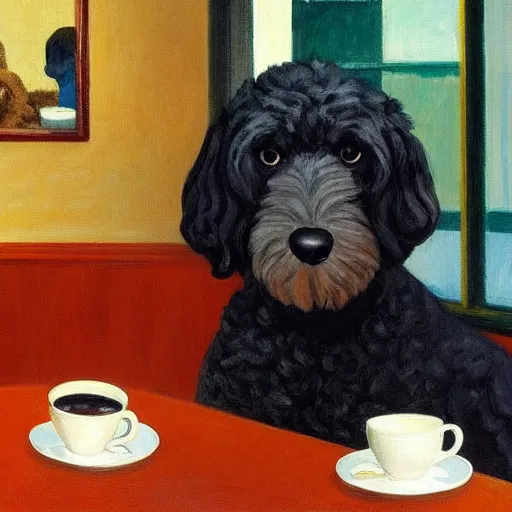 Image similar to Black Goldendoodle with a bright face and a puppy sitting at a diner drinking a cup of coffee, looking melancholy, edward hopper