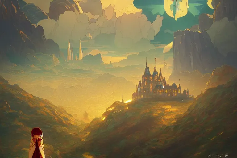 Image similar to retro - futurism anime castle on a mountain in clouds with lots of details look from above rule of thirds golden ratio, fake detail, trending pixiv fanbox, acrylic palette knife, art by artgerm and greg rutkowski and alphonse mucha, smooth, sharp focus, cinematic lightning