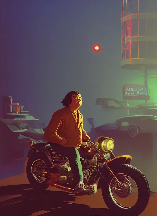 Prompt: artwork by michael whelan and tomer hanuka, laurent durieux, close up portrait of jack black biker, bar in background, in scene in twin peaks, full of details, by makoto shinkai and thomas kinkade, matte painting, trending on artstation and unreal engine