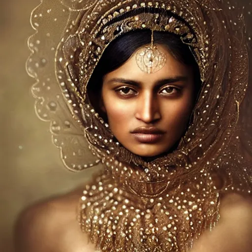 Prompt: full shot of a regal brown - skinned south asian woman wearing an intricate and detailed armor made of dew drops. dew drops around eyes. refracted light. morning dew. delicate. translucent. haunting eyes. vulnerable. fragile. ethereal. refracted light. by ray caesar. by louise dahl - wolfe. by andrea kowch. by tom bagshaw. surreal photography.