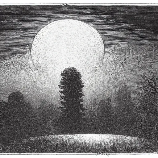 Image similar to a distant city, trees, night, full moon, clouds, chiaoscuro, illustration by Gustave Doré, a giant Cthulhu in the background