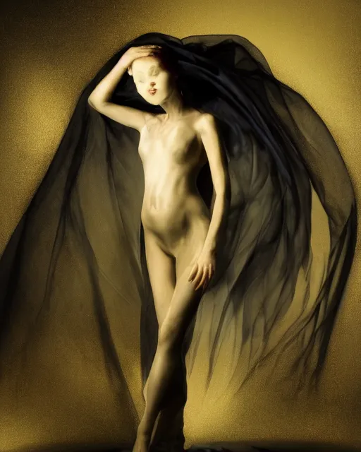 Image similar to mid shot render of an ethereal ghostlike figure fluid simulation in houdini dancing in dark smoke robes and silk veils by ilm, paolo roversi, nick knight, gill elvgren, beautiful futuristic simplified form distorted by turbulent movement, dark studio background, deep color, trending on artstation, hyperrealism, matte painting, dutch golden age, fine detail, cgsociety