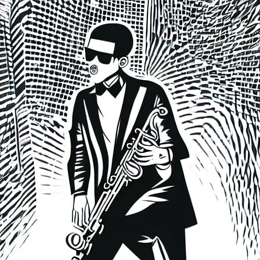 Prompt: a jazz club, saxophone player playing a solo, wearing sunglasses, bright lights, comic book style