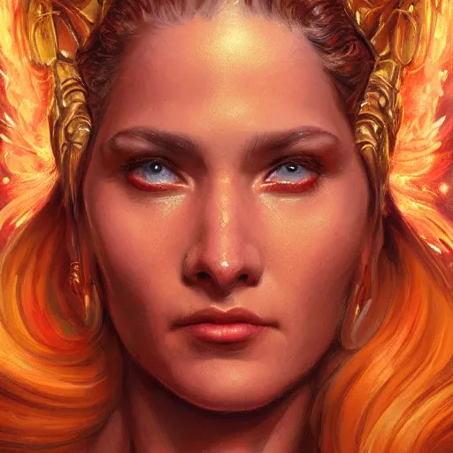 Image similar to an portrait of a female fire goddess, detailed, centered, digital painting, artstation, concept art, donato giancola, Joseph Christian Leyendecker, WLOP, Boris Vallejo, Breathtaking, 8k resolution, extremely detailed, beautiful, establishing shot, artistic, hyperrealistic, beautiful face, octane render