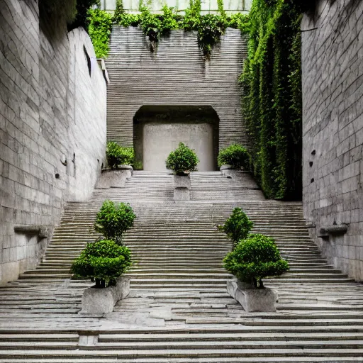 Image similar to courtyard complex of a labyrinthine monastary made of iteratively stacked stones, fusion of carlo scarpa and louis kahn, ivy growing on the bricks, people walking around and sitting on steps, architectural photography