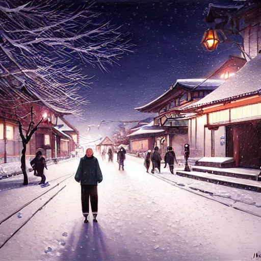 Image similar to walking around snow covered ozu city and shimonad station, ehime, japan. volumetric lighting, clear winter night, realistic illustration, perfectly shaded, soft painting, art by krenz cushart and wenjun lin