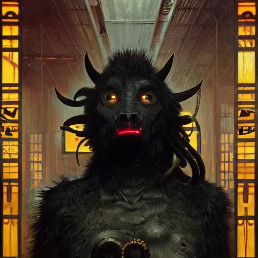 Image similar to menacing aggressive black creature made out of needles, archaic demon, in a gas station, aggressive fluorescent industrial lighting, extremely detailed digital matte painting buy Greg Rutkowski and Alphonse Mucha