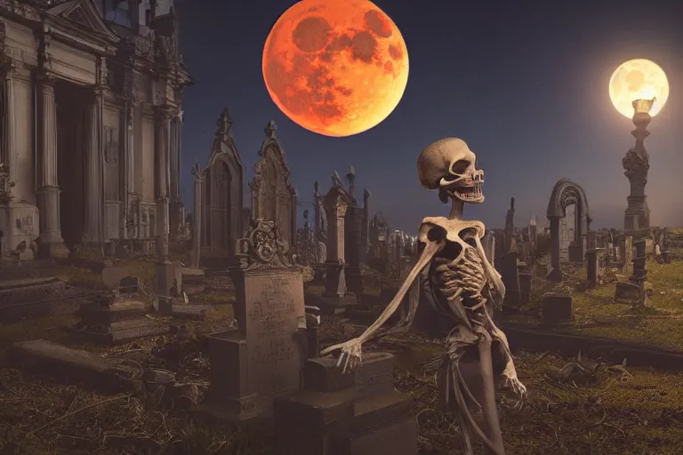 Image similar to an ultra detailed animation of a skull candle in a graveyard at midnight on halloween, digital art, dark fantasy, concept art, soulslike, by alphonse mucha, blood moon eclipse, ruined building in the background, artstation, 8 k, unreal engine render