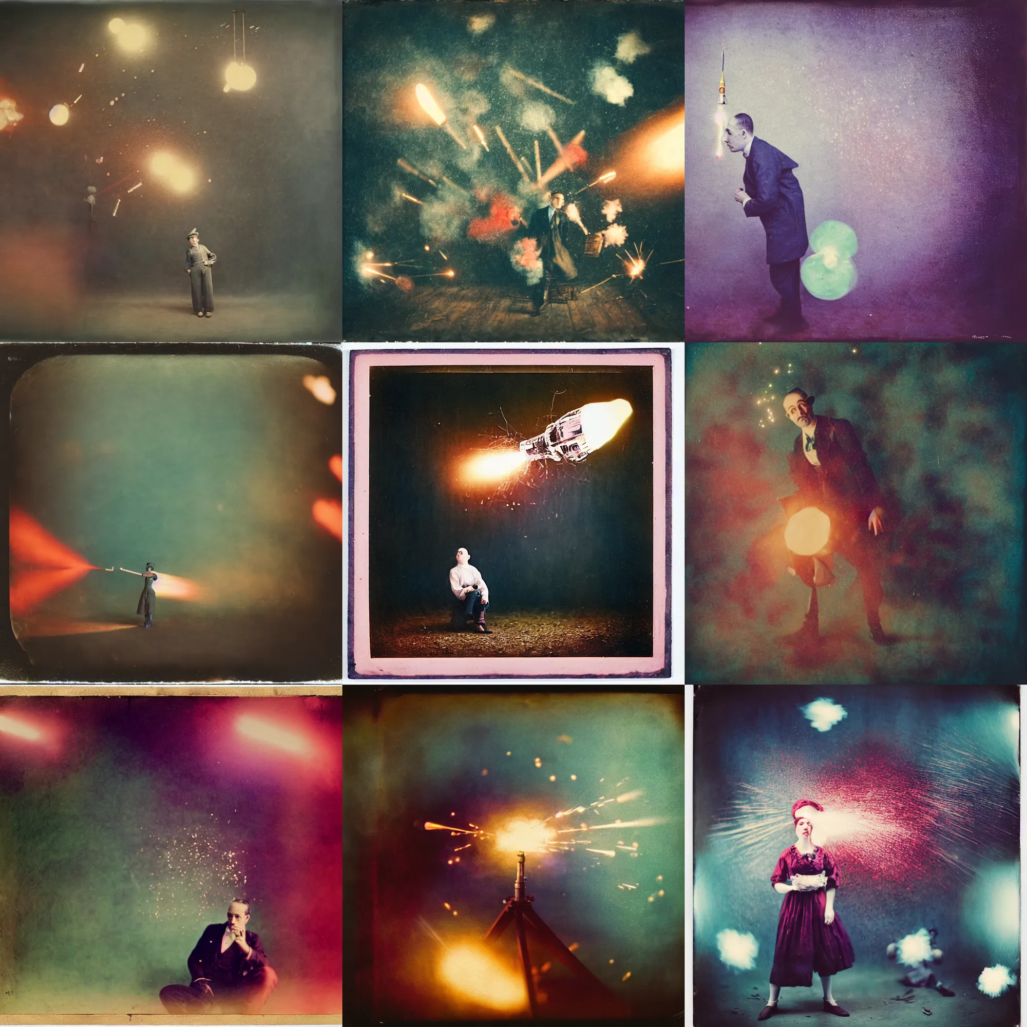 Image similar to kodak portra 4 0 0, wetplate, muted colours, blueberry, 1 9 1 0 s style, motion blur, portrait photo of a backdrop, explosions, rockets, sparkling, by georges melies and by britt marling