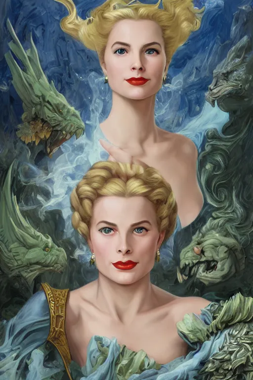 Prompt: A fantasy comic book style portrait painting of Grace Kelly, as an Atlantean Reptilian Warrior, Mystical Valkyrie, François Boucher, Oil Painting, unreal 5, DAZ, hyperrealistic, octane render, Regal, Refined, Detailed Digital Art, RPG portrait, William-Adolphe Bouguereau, Michael Cheval, Walt Disney (1937), Steampunk, dynamic lighting, Highly Detailed, Cinematic Lighting, Unreal Engine, 8k, HD