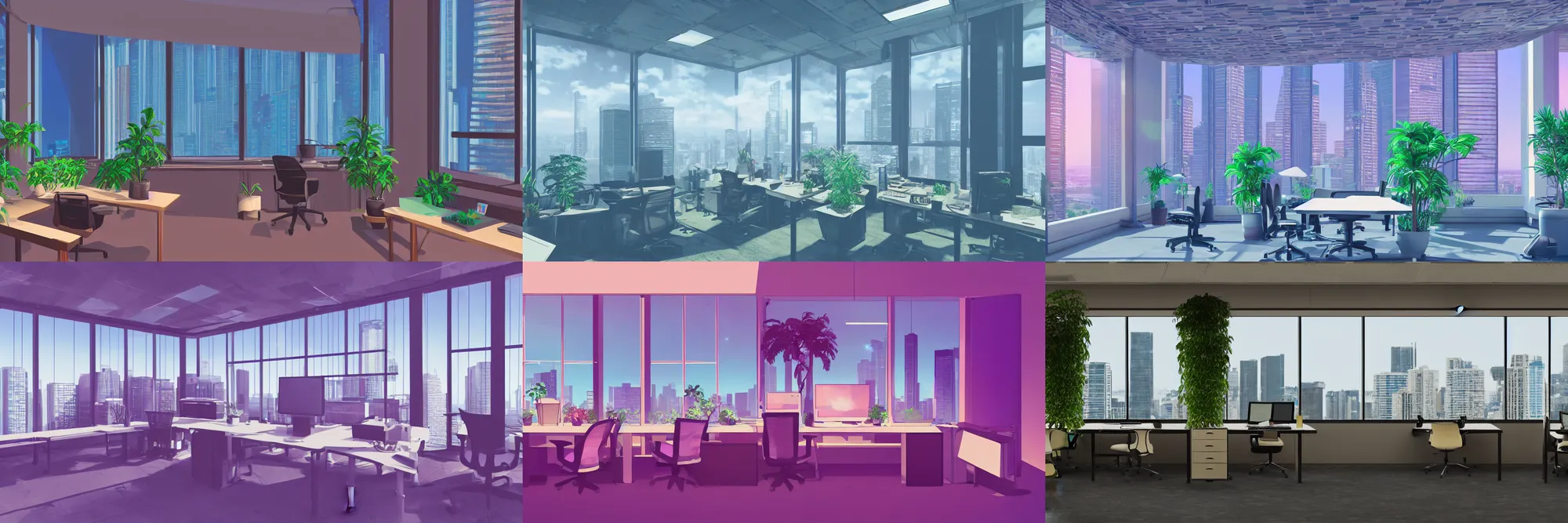 Prompt: a varporwave study with a single desk, plants, a large window looking out over a vaporwave cityscape high floor volumetric lighting