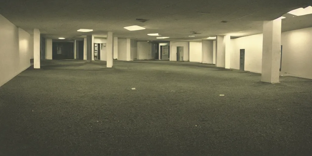 Image similar to a weird place full of people but now empty with eerie feeling, disposable colored camera, camera flash, house, mall, hallway, playground, office