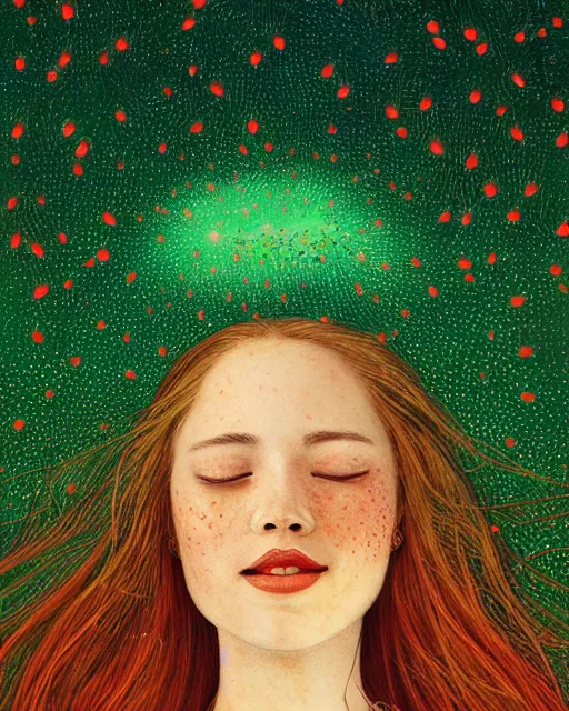 Image similar to a young woman, smiling, amazed by the lights of golden fireflies, sitting in the midst of nature fully covered, long loose red hair, intricate linework, dreamy green eyes, small nose with freckles, oval shape face, realistic, expressive emotions, dramatic lights, spiritual scene, hyper realistic ultrafine digital art by james jean and albert bierstadt