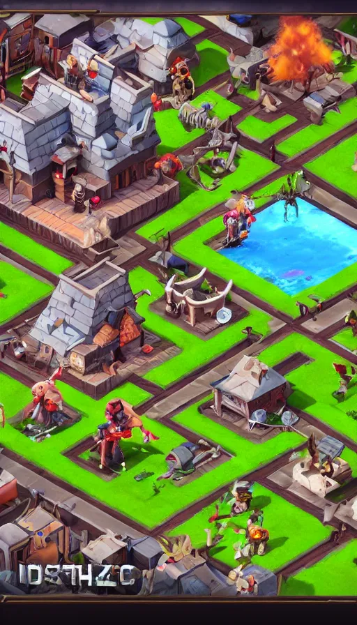 Prompt: screenshot from a game by supercell showing an isometric battleground