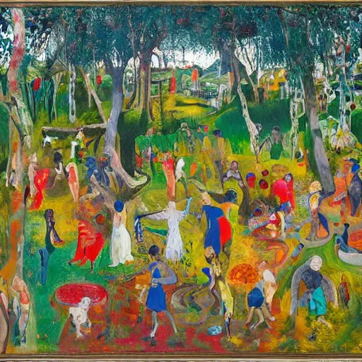 Image similar to 50 peoples dancing in the garden of eden, happy, painted by Asger Jorn, 8k, Peter Doig, abstract oil paint with thick brushstrokes of paint, ultra detailed, realistic, small spot of thick melting paint drips all over