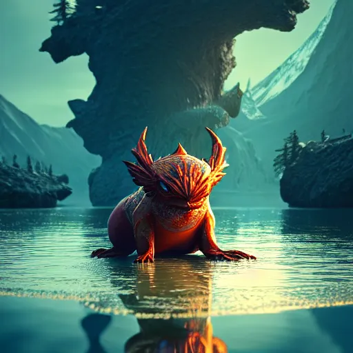 Image similar to ( ( pokemon ) ) creature creature in alaska, backlit, water reflection, warm tones : : by michal karcz, daniel merriam, victo ngai and guillermo del toro : : ornate, dynamic, particulate, intricate, elegant, highly detailed, centered, artstation, smooth, sharp focus, octane render, 3 d
