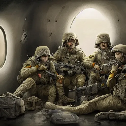 Image similar to soldiers with an emotionless look on their faces sitting inside a plane on their way to the battlefield, digital painting, highly detailed, illustration, intricate, in the style of grek rutkowski