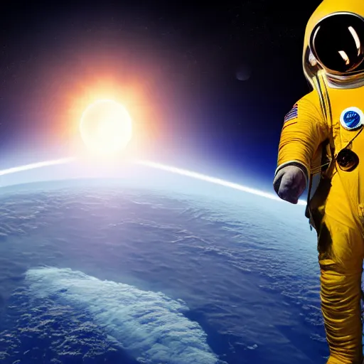 Image similar to Hyper Realistic Physchedlic Astronaut in space with a Solar Eclipse in the foreground.