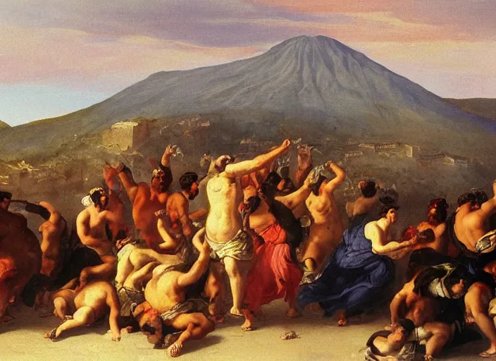 Image similar to detailed painting of average greeks drink wine and have fun against the backdrop of mount vesuvius starting to erupt by brullov, based on the brulliv painting the last day of pompeii