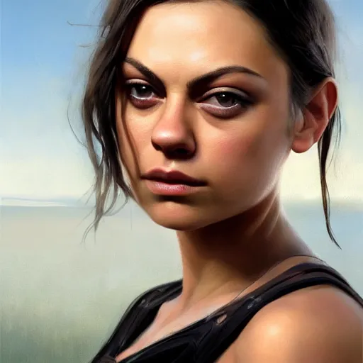 Image similar to winking mila kunis closeup portrait, dramatic light, lake background, 2 0 0 mm focal length, painted by stanley lau, painted by greg rutkowski, painted by stanley artgerm, digital art, trending on artstation