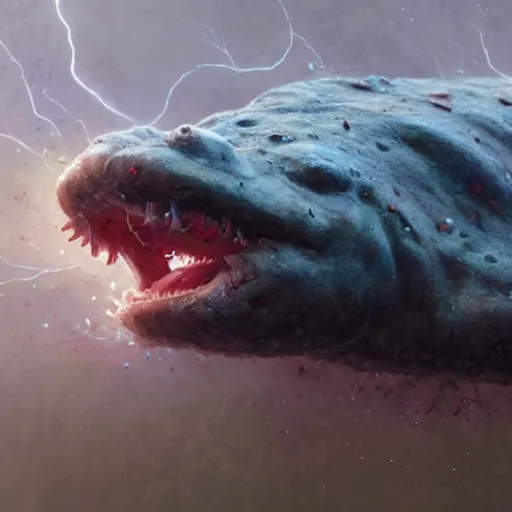 Image similar to highly detailed shocked Axolotl hit by lightning from the sky in a small puddle, thunder, dramatic, dark, fantasy, digital art, hyperrealistic, Greg Rutkowski, Trending on Artstation, highly detailed