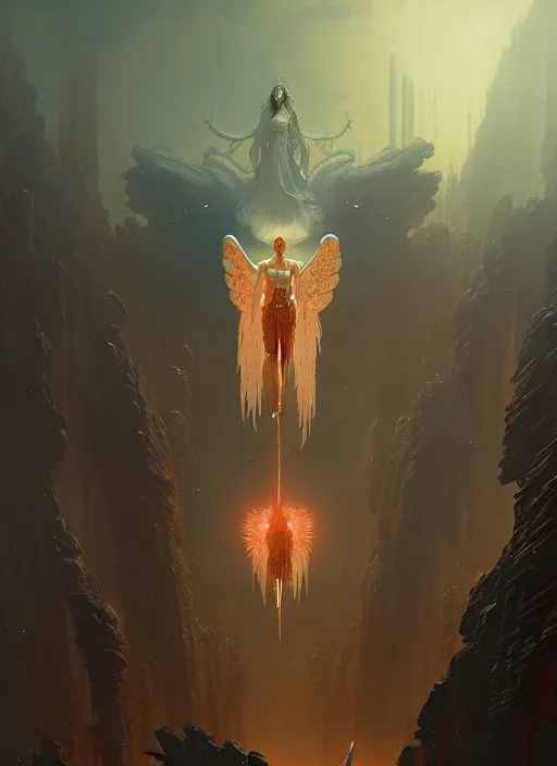 Image similar to rebulon the ancient arch angel - demon, by greg rutkowski and geof darrow, masterpiece concept art, 8 k, intricate detail, cinematic lighting, epic pose, deep colors, majestic view