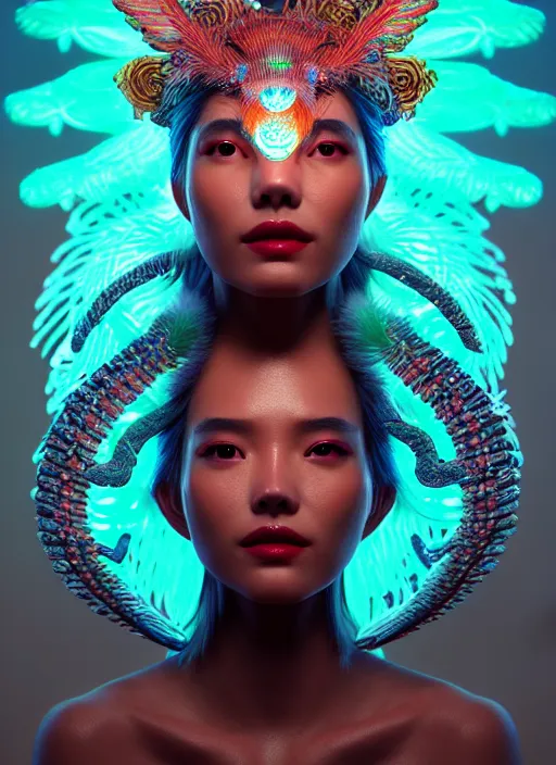 Image similar to a 3 d wlop goddess portrait, 8 k micro details beautiful intricate highly detailed quetzalcoatl skull and feathers. bioluminescent, fire, snow, thunderstorm! artwork by tooth wu and wlop and beeple and greg rutkowski, trending on artstation,